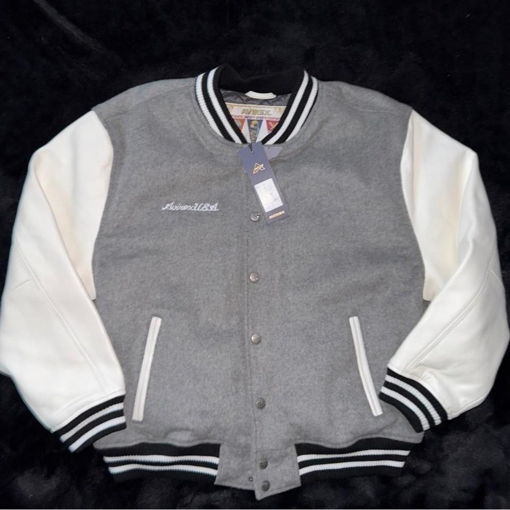 Avirex Leather Sleeve Varsity Jacket Coat Grey White Black Men Size XX-Large